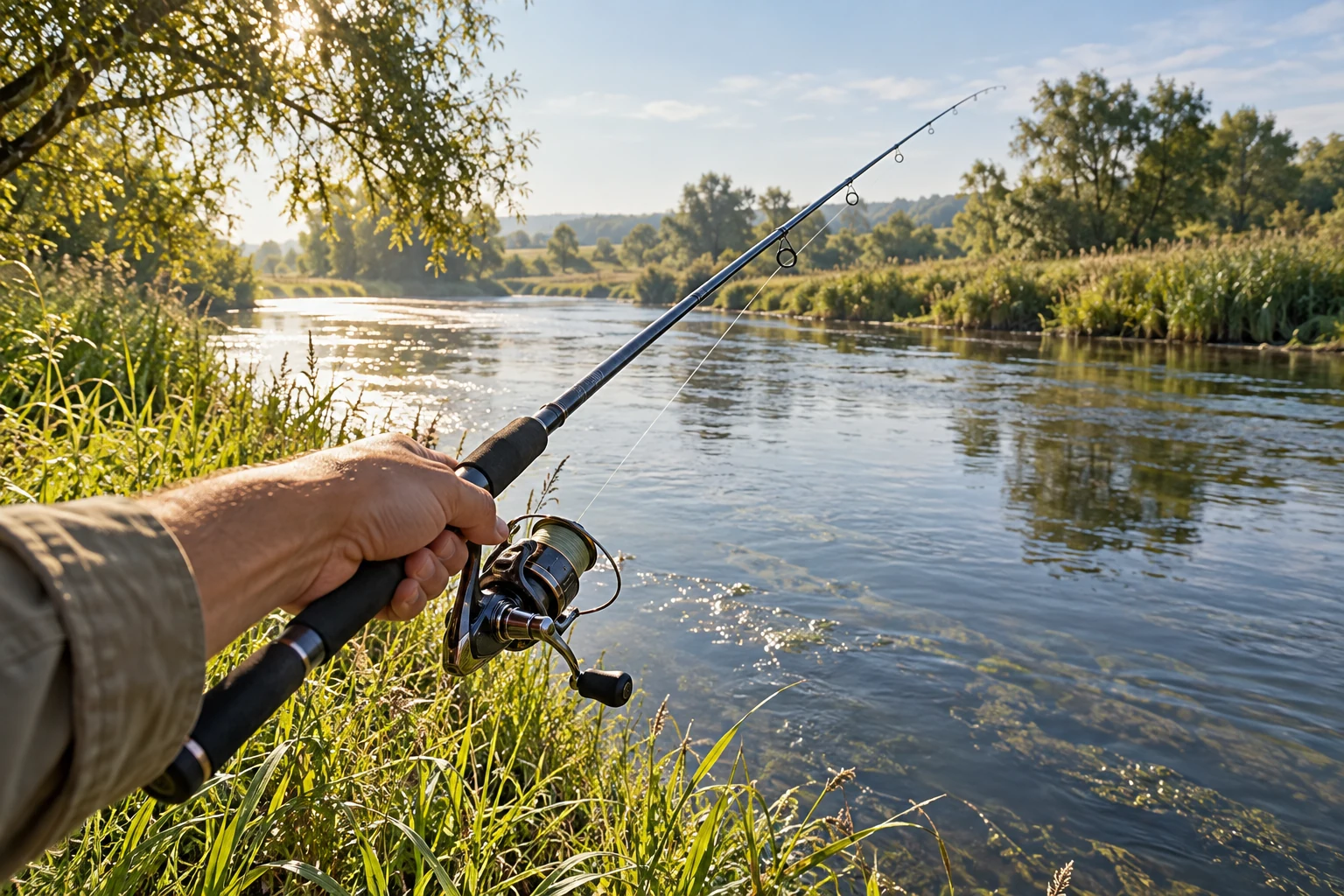 Wizualizacja wędki spinningowej trzymanej nad słoneczną rzeką