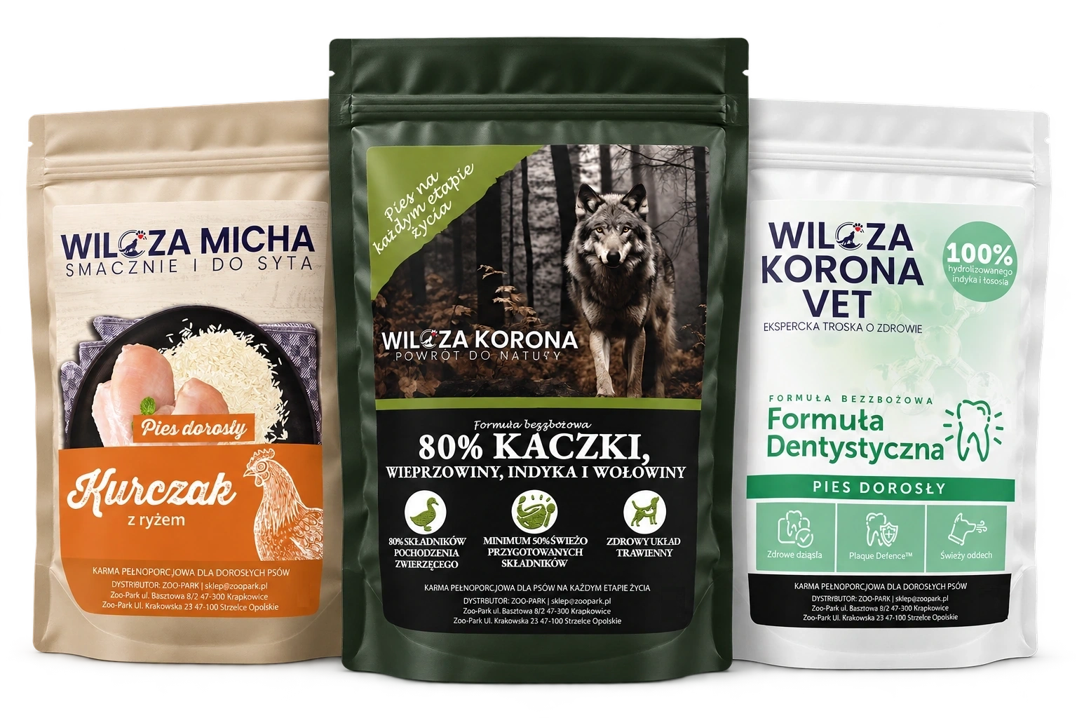 Wizualizacja opakowań Wilcza Micha, Wilcza Korona i Wilcza Korona VET