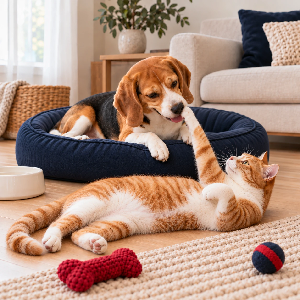 Rudo-biały kot bawiący się z beagle’em na granatowym legowisku