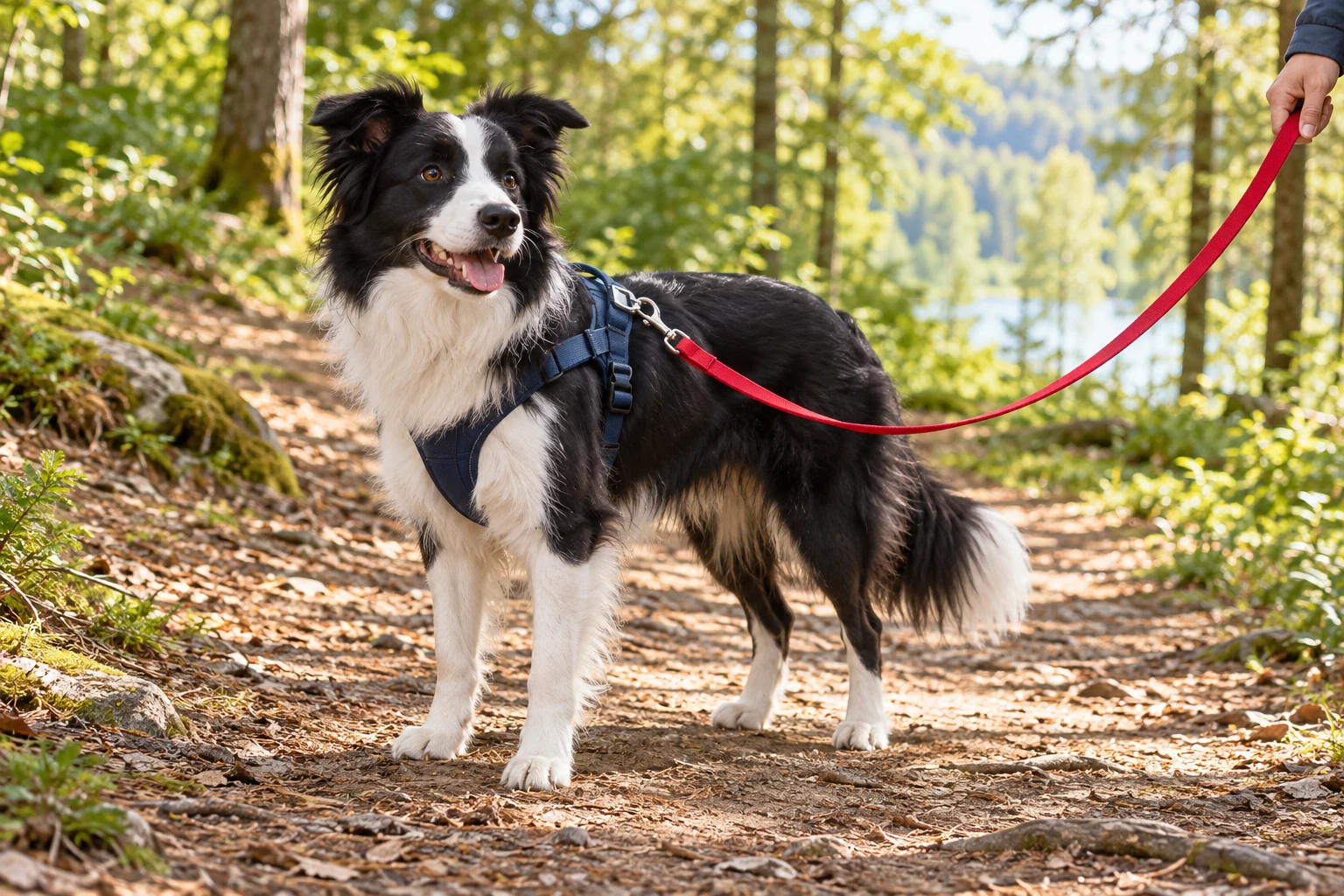 Wizualizacja border collie w granatowych szelkach na spacerze z opiekunem
