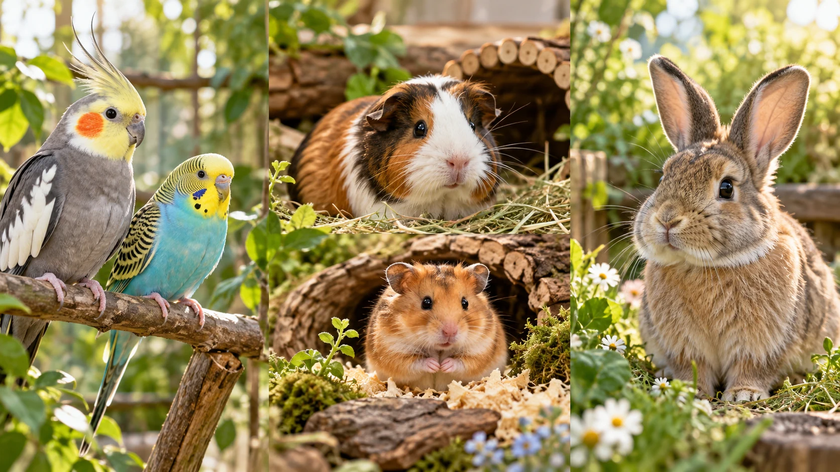 Osobne portrety papug, świnki morskiej, chomika i królika