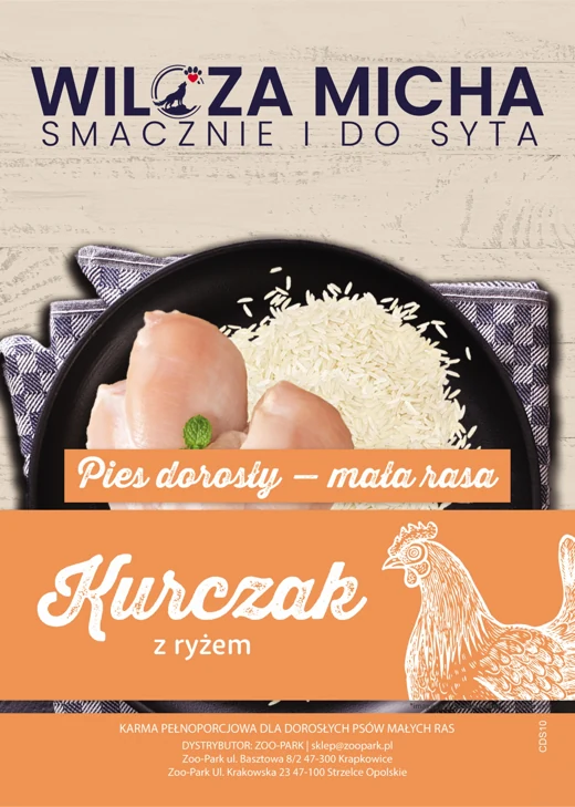Etykieta Wilcza Micha: Kurczak, Pies dorosły — mała rasa
