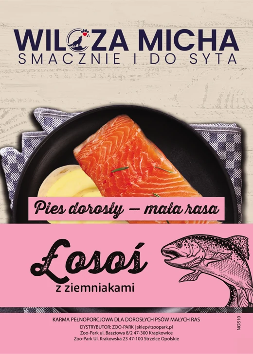 Etykieta Wilcza Micha: Łosoś, Pies dorosły — mała rasa